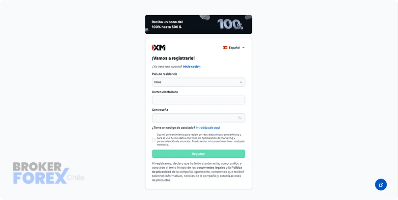 Registro en el sitio web de XM
